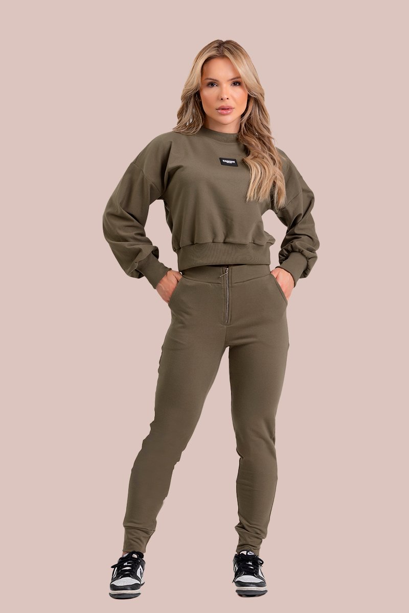 Calça com Zíper Frontal e Bolsos Laterais Mocha Lux