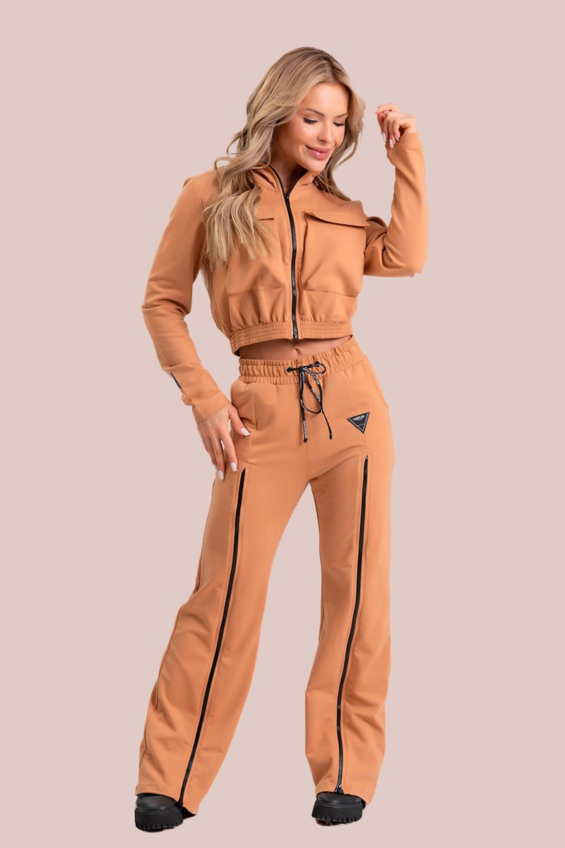 Jaqueta Estilo Cropped com Bolsos Frontais e Zíper Mocha Lux